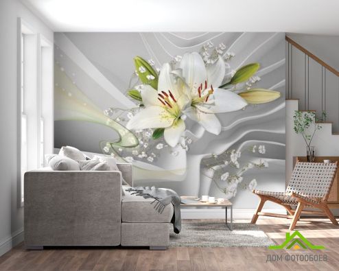 выбрать Фотообои белые лилии на фоне белых волн Фотообои Цветы на стену