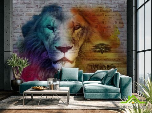 выбрать Фотообои Стена 3д со львом  на стену