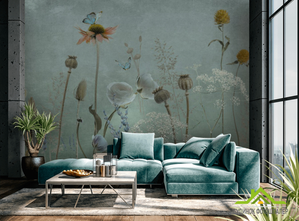 выбрать Фотошпалери польові дизайнерські квіти зелені Каталог фотошпалер на стіну