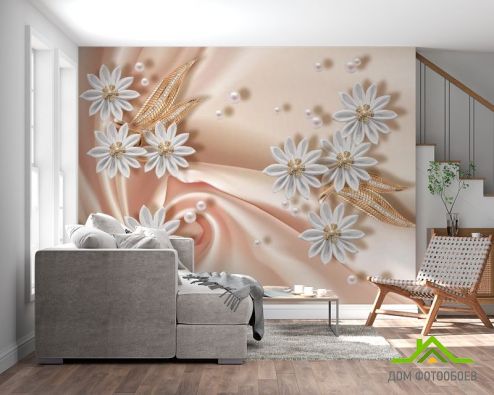 выбрать Фотообои белые цветы брошки на ткани Фотообои Фотообои Цветы: горизонталная, горизонтальная ориентация на стену