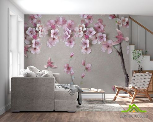 выбрать Фотообои Розовая ветка сакуры Фотообои Фотообои 3D барельеф: горизонталная, горизонтальная ориентация на стену