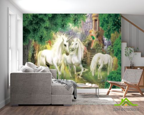 выбрать Фотообои Единороги в лесу Фотообои Фотообои Дизайнерские фрески: горизонталная, горизонтальная ориентация на стену