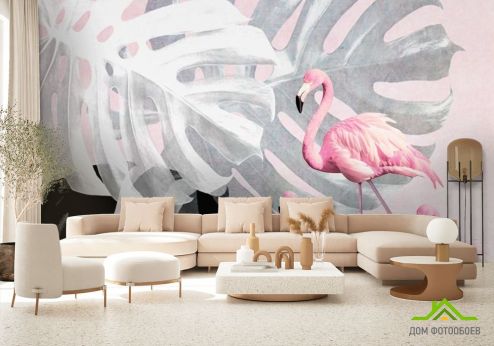 выбрать Фотообои Фламинго и Монстера Фотообои с Фламинго на стену