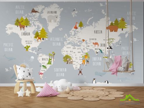 выбрать Серая карта со зверями на английском Фотообои Little kids на стену