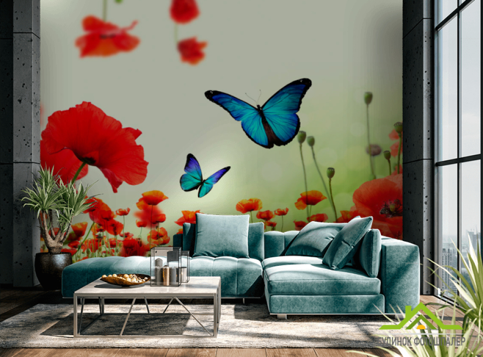 выбрать Фотообои Красные маки с бабочками Каталог фотообоев на стену