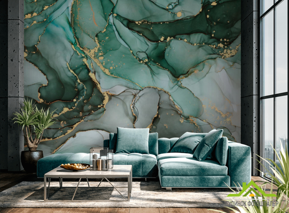 выбрать Фотошпалери Зелений Fluid art з золотом Каталог фотошпалер на стіну