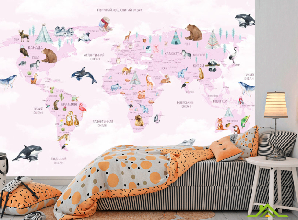 выбрать Фотошпалери карта дитяча з хмарками українською мовою в рожевому кольорі. Каталог фотошпалер на стіну