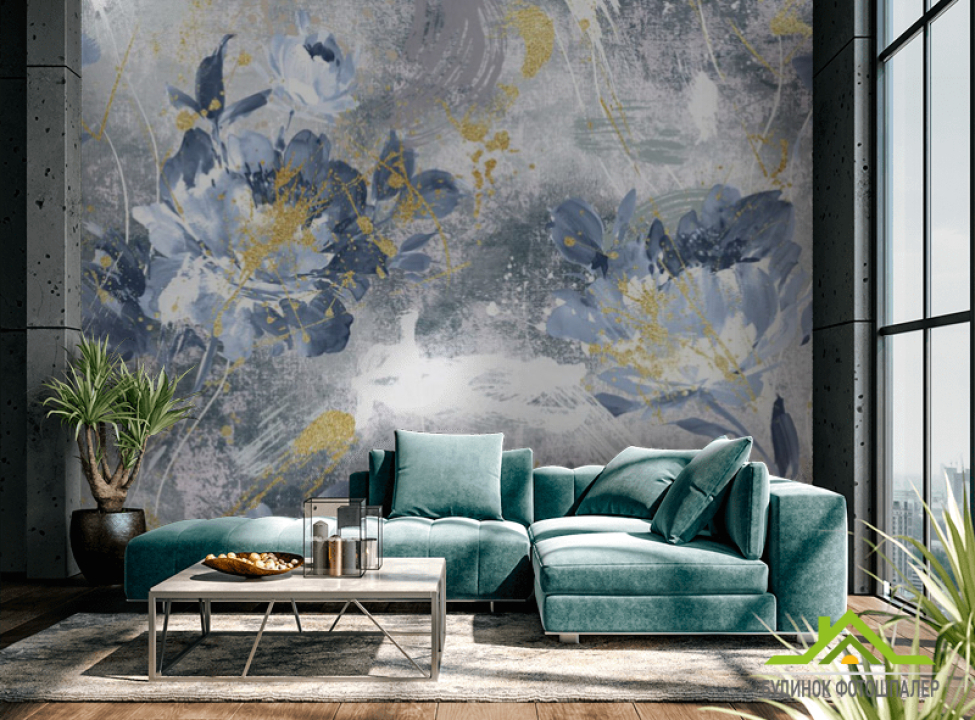 выбрать Фотошпалери дизайнерські квіти з золотом сині. Каталог фотошпалер на стіну