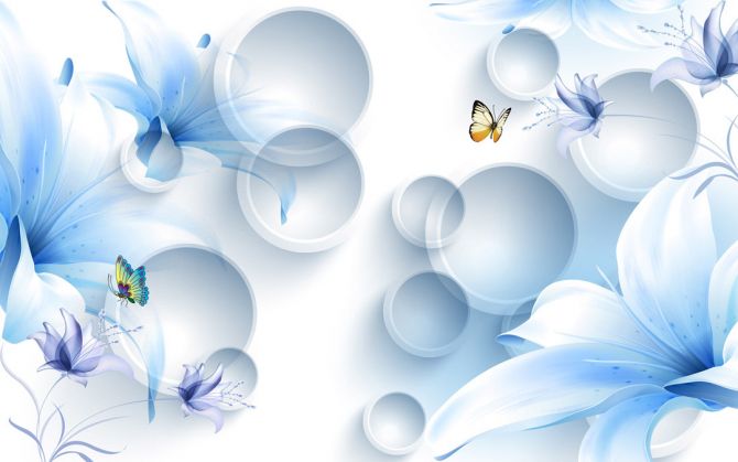 Фотообои  Синие цветы с бабочками