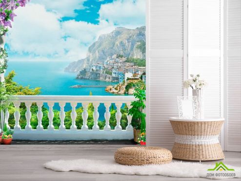 выбрать Фотообои Балкнок, горы, море, город Фотообои Фотообои Дизайнерские фрески: квадратная, голубой ориентация на стену
