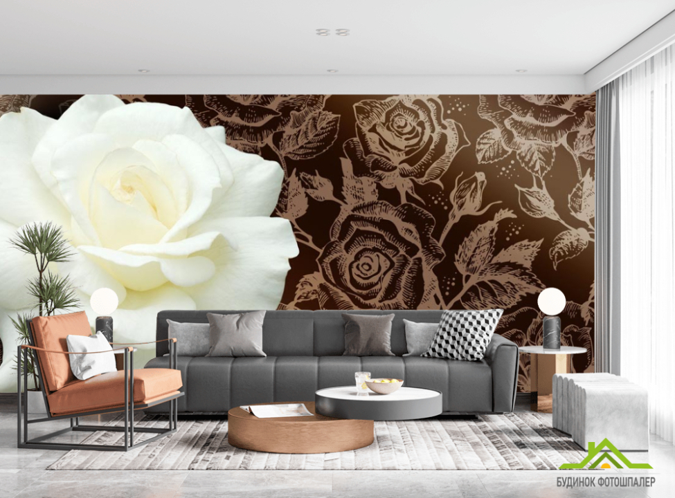 выбрать Фотошпалери Величезна біла троянда і патерн Каталог фотошпалер на стіну