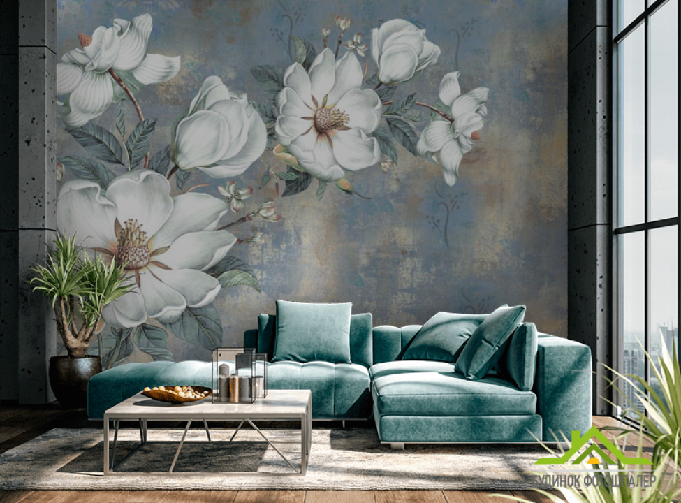 выбрать Фотообои Белые цветы на голубом фоне Каталог фотообоев на стену