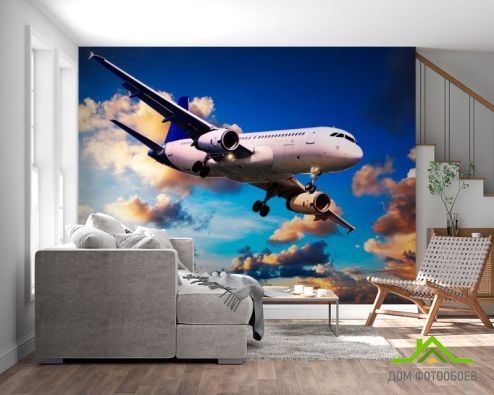 выбрать Фотообои Самолет в облаках Голубые фотообои на стену