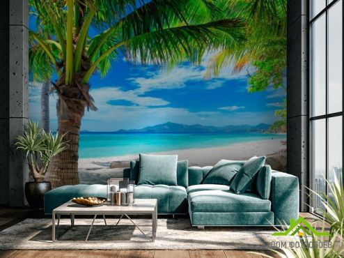 выбрать Фотообои Пляж с пальмами Голубые фотообои на стену
