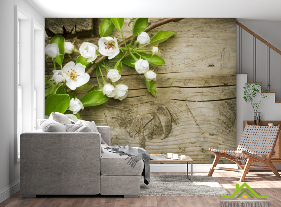 выбрать Фотообои белые цветоки на деревянно фоне Каталог фотообоев на стену