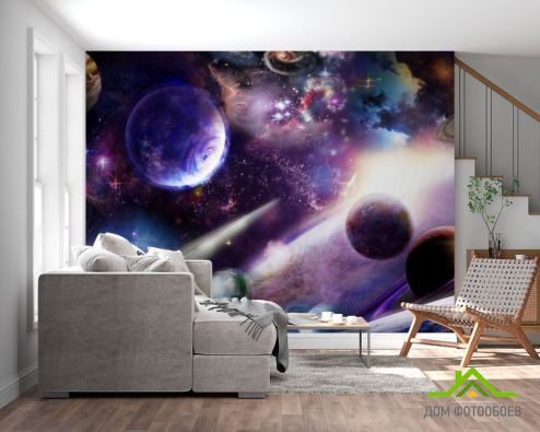 выбрать Фотообои яркий космос с планетами Фотообои, цвет: «» на стену