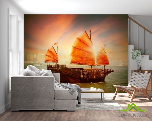 выбрать Фотошпалери Корабель з помаранчевими вітрилами Фотошпалери Фотошпалери Море: квадратна, горизонтальна орієнтація на стіну