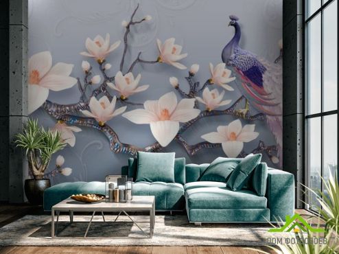 выбрать Фотообои Цветы магнолии и павлин Фотообои Восточный стиль на стену