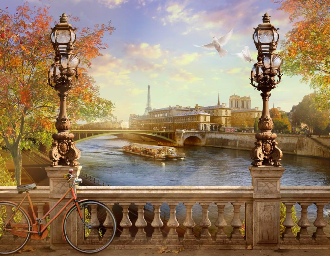 Фотообои Мост, город, велосипед