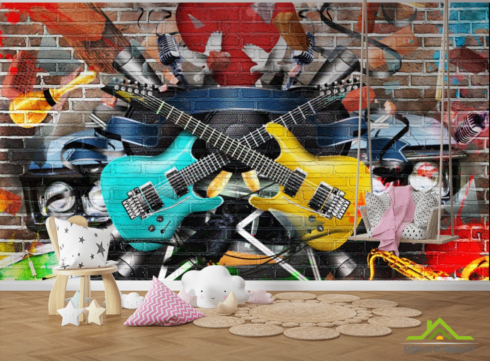 выбрать Фотообои Граффити стена с гитарой Фотообои в детскую на стену