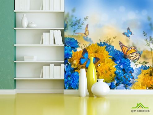 выбрать Фотообои голубо-желтые цветы и бабочки Фотообои, цвет: «» на стену