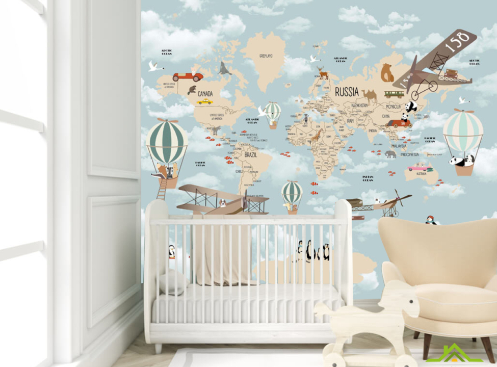 выбрать Фотошпалери Дитяча карта з літаками і повітряними кулями англійською Каталог фотошпалер на стіну