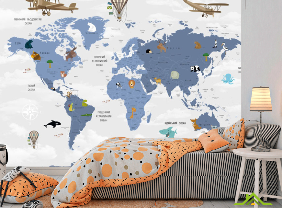 выбрать Фотошпалери Карта Дитяча на українському сині континенти Каталог фотошпалер на стіну