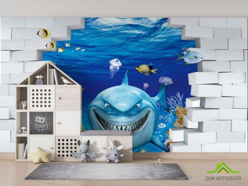 выбрать Фотообои Акула 3Д Фотообои Фотообои в детскую: горизонталная, горизонтальная ориентация на стену