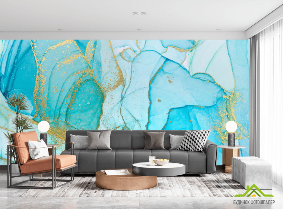 выбрать Фотообои Голубой fluid art с золотом Каталог фотообоев на стену