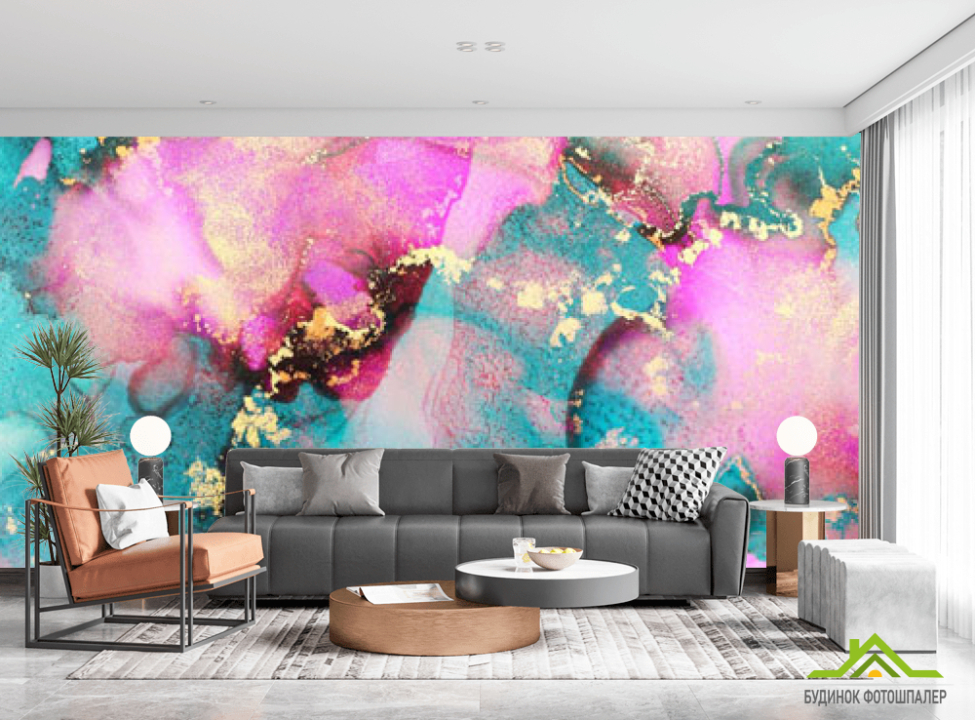 выбрать Фотообои Бирюзово-розовый флюид с золотом Каталог фотообоев на стену