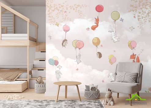 выбрать Фотошпалери Звірі на повітряних кульках у рожевому небі Фотошпалери Little kids на стіну
