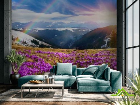 выбрать Фотошпалери поляна з бузковими квітами в горах Фотошпалери Природа на стіну