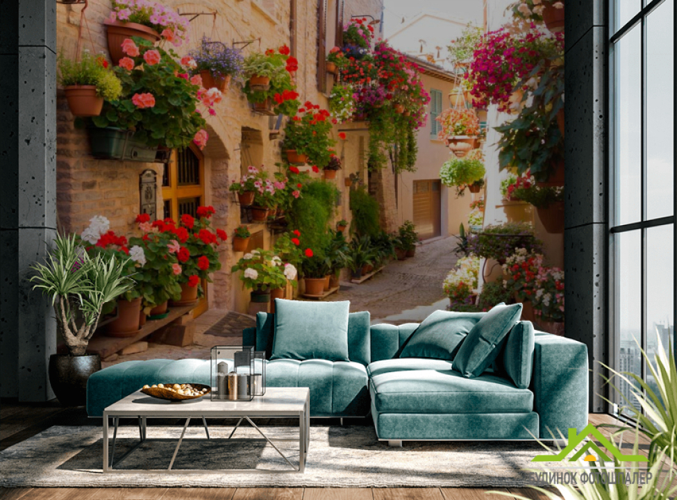 выбрать Фотообои Узкая улочка с цветами Каталог фотообоев на стену