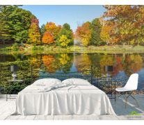Фотообои осень деревья и фонтан над озером