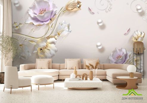 выбрать Фотообои Керамичесике цветы с золотыми ножками Фотообои 3Д барельеф на стену