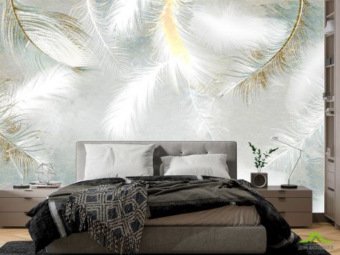 выбрать Фотообои Белые перья с золотом Фотообои в спальню на стену
