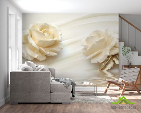выбрать Фотообои Две большых керамических розы Фотообои Фотообои 3D барельеф: горизонталная, горизонтальная ориентация на стену
