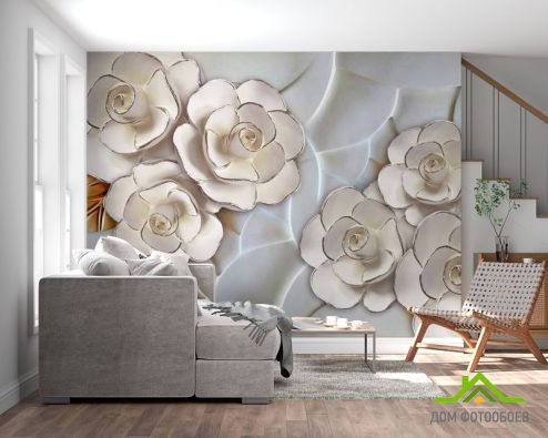 выбрать Фотообои Фарфоровые белые цветы Фотообои Фотообои 3D барельеф: горизонталная, горизонтальная ориентация на стену