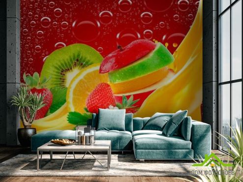 выбрать Фотообои Нарезанные фрукты, ягоды Фотообои Фотообои Еда и напитки: горизонталная, горизонтальная, рисунок ориентация на стену