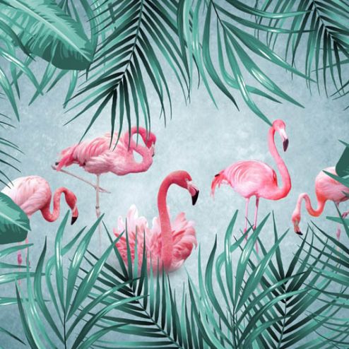 выбрать Фотообои фламинго на тропических листьях Каталог фотообоев на стену