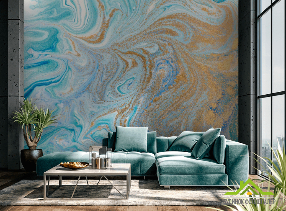 выбрать Фотообои золотая пудра на голубых разводах Каталог фотообоев на стену