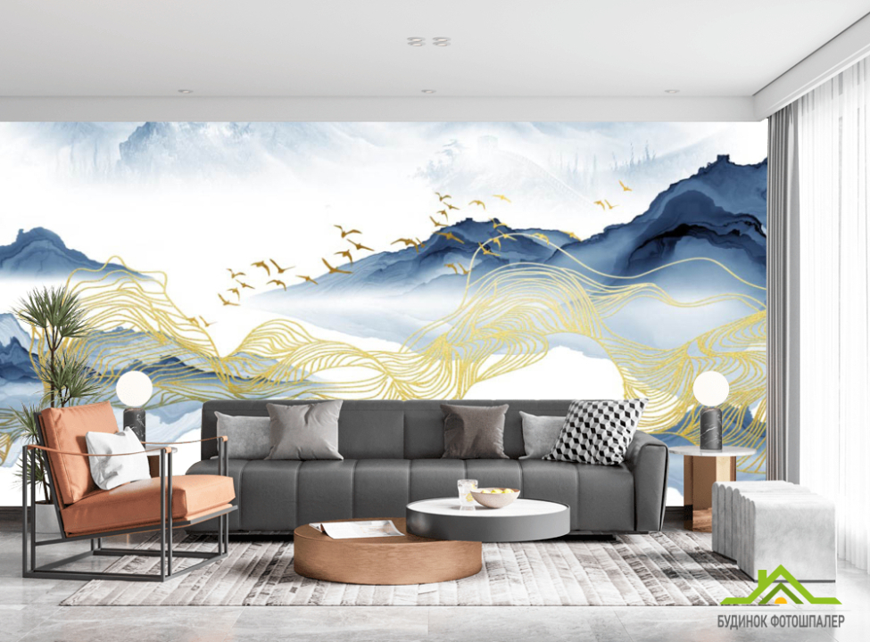 выбрать Фотообои Волны из синей и золотой абстракции Каталог фотообоев на стену