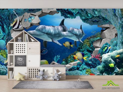 выбрать Фотообои 3d морские животные Фотообои Фотообои в детскую: горизонталная, горизонтальная, синий ориентация на стену