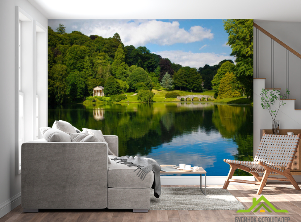 выбрать Фотообои домик и мостик над озером Каталог фотообоев на стену