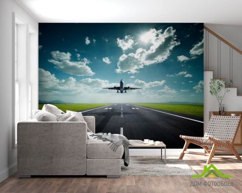 выбрать Фотообои Взлет самолета Фотообои Фотообои Транспорт: горизонталная, горизонтальная, голубой ориентация на стену