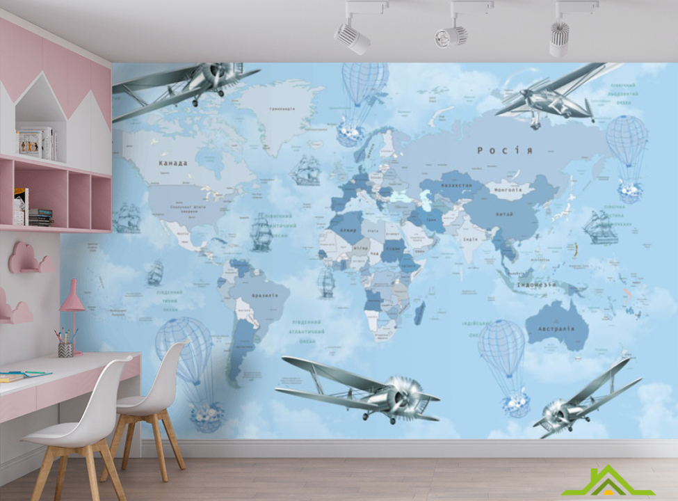 выбрать Фотообои Голубая карта на украинском с самолетами Каталог фотообоев на стену