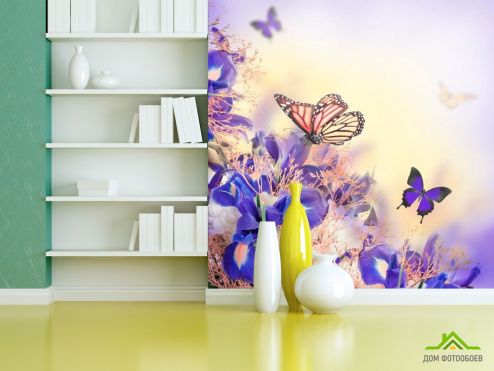 выбрать Фотообои Бабчки на цветах Фотообои Фотообои Цветы: фото, квадратная  на стену
