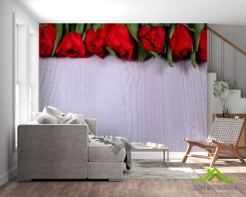 выбрать Фотошпалери червоні троянди на білому дерев'яному тлі Фотошпалери Фотошпалери Квіти: квадратна, горизонтальна орієнтація на стіну