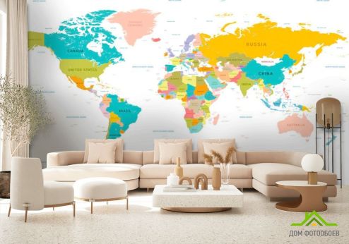 выбрать Фотообои Карта мира на английском Фотообои Фотообои карта Мира: горизонталная, горизонтальная, синий ориентация на стену