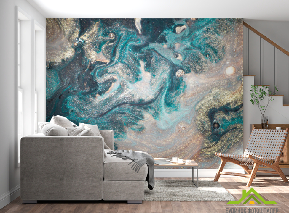 выбрать Фотообои Золотой флюид с бирюзой Фотообои Fluid art на стену